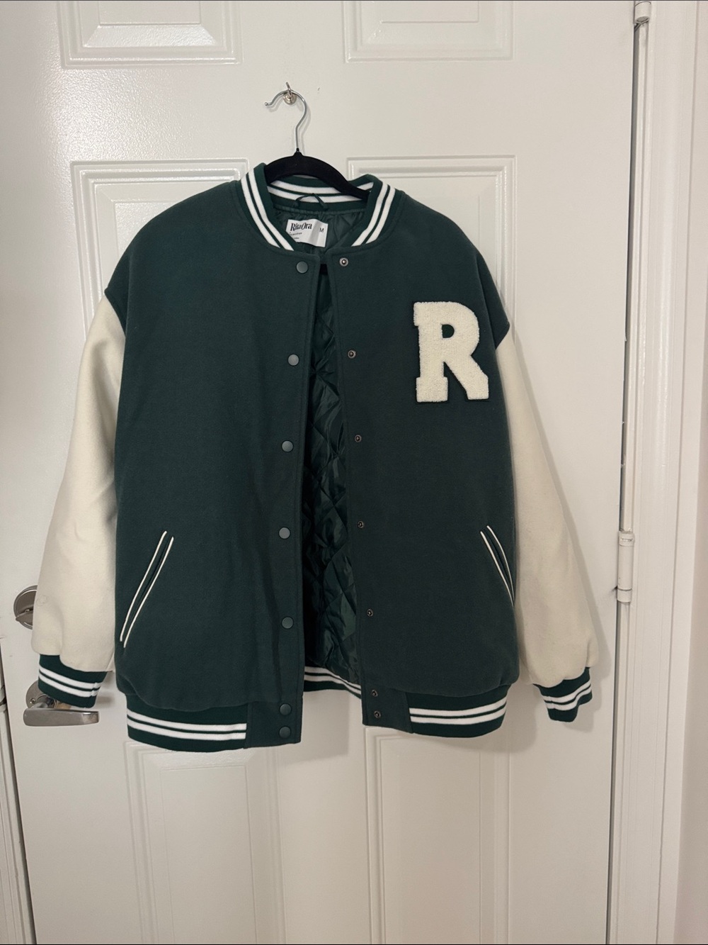 Primark Dark Green & Cream Varsity Jacket with 'R' Patch